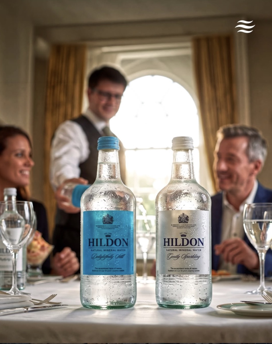 Hildon Still y Sparkling servidas en una mesa elegante